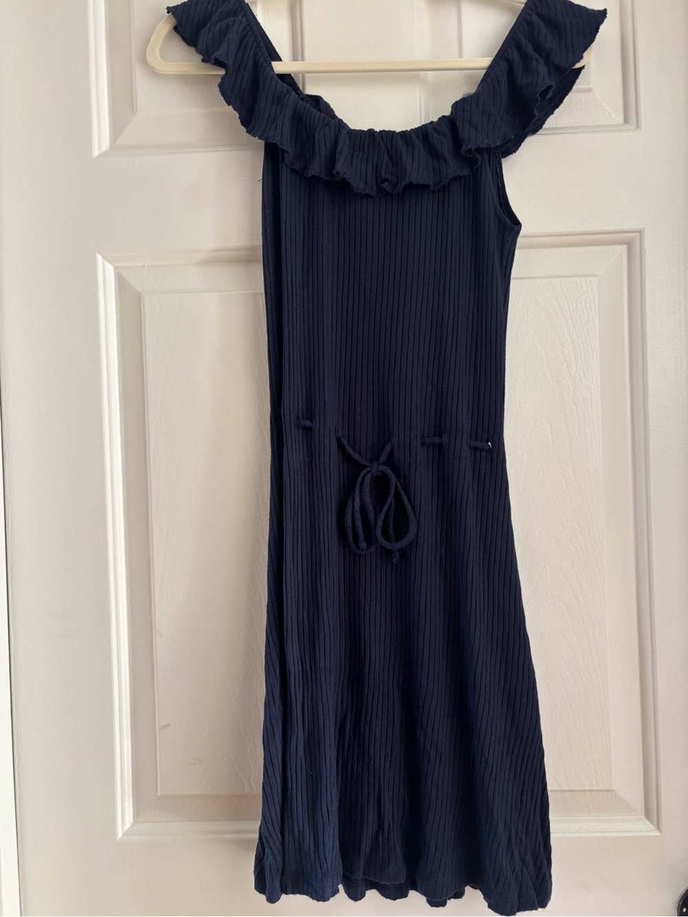 Reformation Navy Ribbed Off-Shoulder Mini Dress